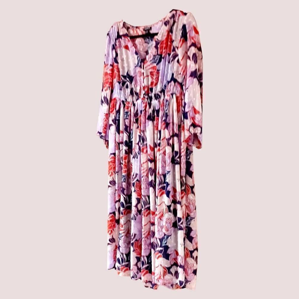 TORRID NEW Navy Floral Swiss Dot Button down Tea- Length Dress. - Picture 5 of 16